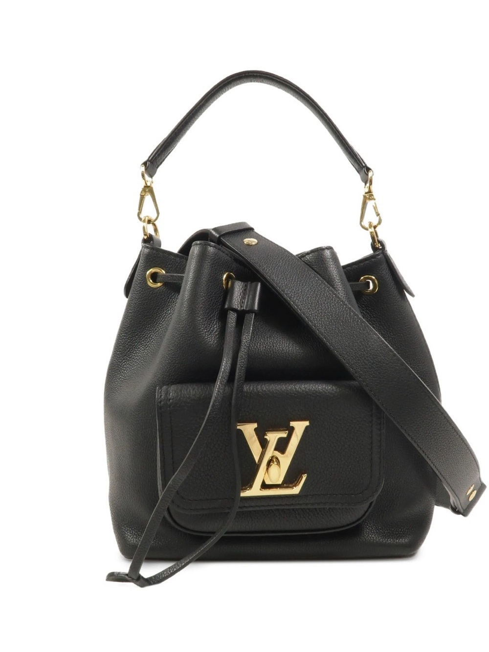 Louis Vuitton Black Leather Drawstring Bucket Bag with Gold LV Logo